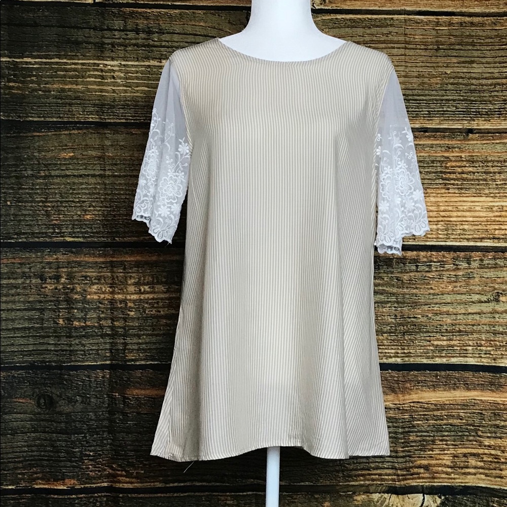 Taupe Striped Top w Lace Sleeves
